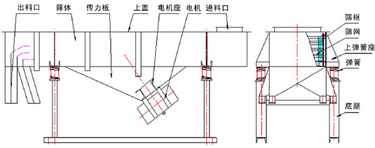 直線振動篩內(nèi)部結(jié)構(gòu)：出料口，篩體，傳力板，上蓋，電機座，電機，進料口，篩框，篩網(wǎng)，上彈簧座，彈簧，底腿。