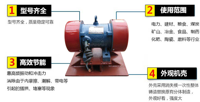 lzf倉壁振動器：1，型號齊全：型號齊全，質量穩(wěn)定可靠。2，適用范圍：電力，建材，糧食，煤炭，礦山，冶金，食品，制藥，化肥，陶瓷，磨料等行業(yè)。3，高效：靠高頻振動和沖擊力消除由于內(nèi)摩擦，潮解，帶電等引起的塔供，堵塞等現(xiàn)象。4，外觀機殼：外殼采用消失模一次性整體鑄造替換原有分體制造，外觀好看，強度大。