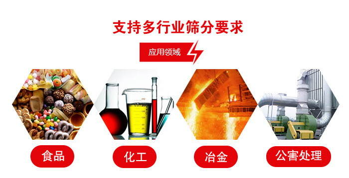 旋振篩適用的行業(yè)：食品行業(yè)，化工行業(yè)，冶金行業(yè)，公害處理等。